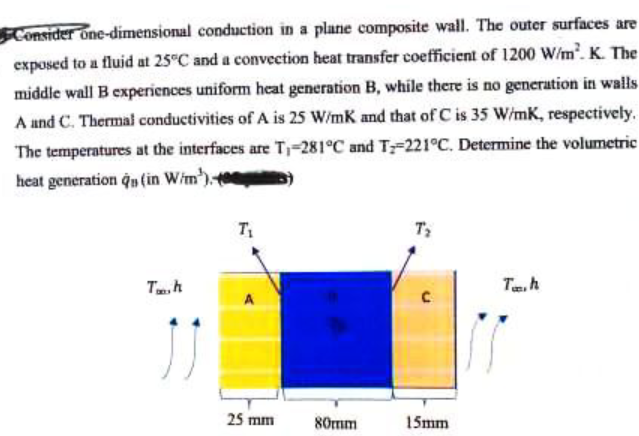 Consider one-dimensional conduction in a plane composite wall. The outer surfaces are
exposed to a fluid at 25°C and a convection heat transfer coefficient of 1200 W/m². K. The
middle wall B experiences uniform heat generation B, while there is no generation in walls
A and C. Thermal conductivities of A is 25 W/mK and that of C is 35 W/mK, respectively.
The temperatures at the interfaces are T₁-281°C and T-221°C. Determine the volumetric
heat generation qu (in W/m¹)
Th
T₁
A
25 mm
80mm
T₂
C
15mm
Th