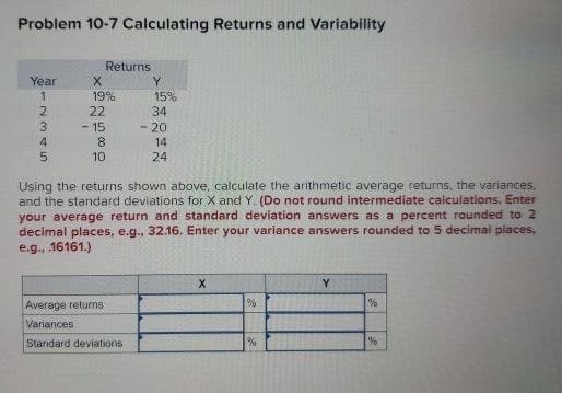 Problem 10-7 Calculating Returns and Variability
Returns
Year
X
Y
1
19%
15%
2345
22
34
-15
-20
8
14
10
24
Using the returns shown above, calculate the arithmetic average returns, the variances,
and the standard deviations for X and Y. (Do not round intermediate calculations. Enter
your average return and standard deviation answers as a percent rounded to 2
decimal places, e.g., 32.16. Enter your variance answers rounded to 5 decimal places,
e.g., .16161.)
X
Y
Average returns
%
%
Variances
Standard deviations
%
%