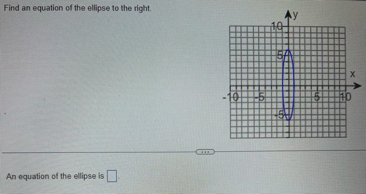 Find an equation of the ellipse to the right.
An equation of the ellipse is
-10 --5
10
SAN
15
5
X
10