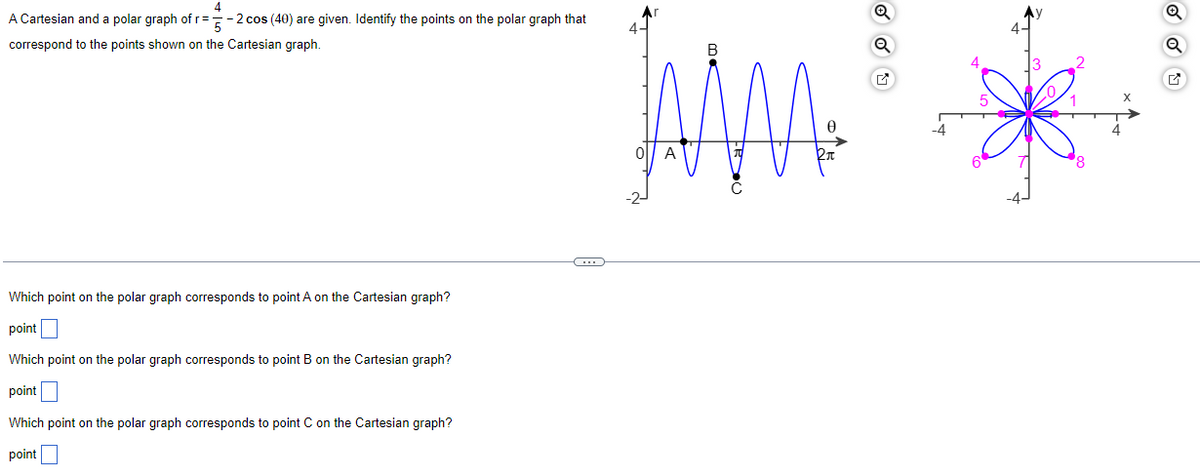 4
A Cartesian and a polar graph of r= -2 cos (40) are given. Identify the points on the polar graph that
5
correspond to the points shown on the Cartesian graph.
Which point on the polar graph corresponds to point A on the Cartesian graph?
point
Which point on the polar graph corresponds to point B on the Cartesian graph?
point
Which point on the polar graph corresponds to point C on the Cartesian graph?
point
C
4-
MAAA
А
ON
Q
G