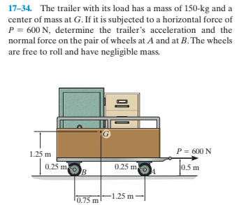 17-34. The trailer with its load has a mass of 150-kg and a
center of mass at G. If it is subjected to a horizontal force of
P = 600 N, determine the trailer's acceleration and the
normal force on the pair of wheels at A and at B. The wheels
are free to roll and have negligible mass.
P= 600 N
1.25 m
0.25 m
0.25 m
0.5 m
-1.25 m
0.75 m
