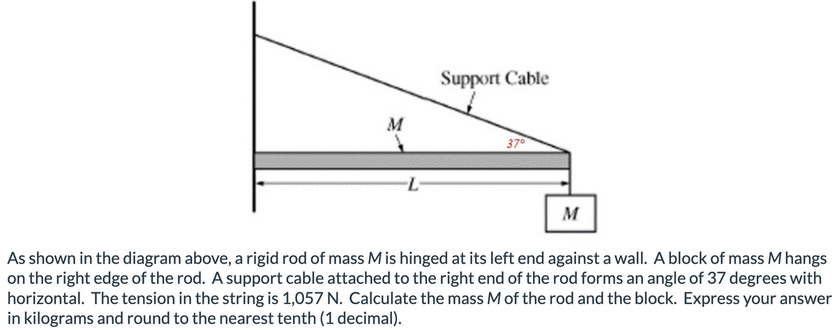 M
Support Cable
37°
M
As shown in the diagram above, a rigid rod of mass M is hinged at its left end against a wall. A block of mass M hangs
on the right edge of the rod. A support cable attached to the right end of the rod forms an angle of 37 degrees with
horizontal. The tension in the string is 1,057 N. Calculate the mass M of the rod and the block. Express your answer
in kilograms and round to the nearest tenth (1 decimal).