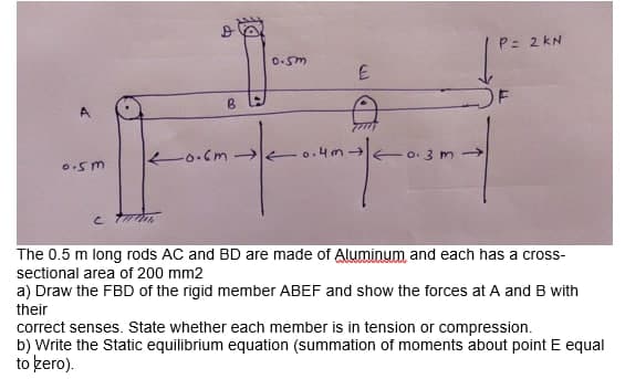 P= 2 KN
A
Im o. 3 m →
0.cm→
The 0.5 m long rods AC and BD are made of Aluminum and each has a cross-
sectional area of 200 mm2
a) Draw the FBD of the rigid member ABEF and show the forces at A and B with
their
correct senses. State whether each member is in tension or compression.
b) Write the Static equilibrium equation (summation of moments about point E equal
to kero).
