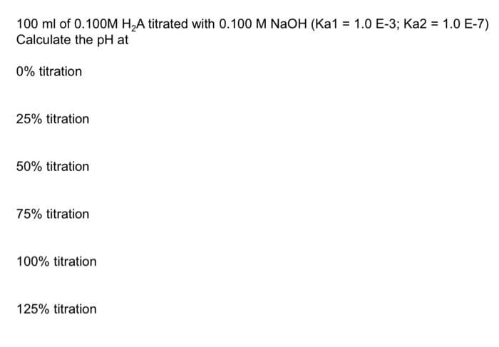 100 ml of 0.100M H₂A titrated with 0.100 M NaOH (Ka1 = 1.0 E-3; Ka2 = 1.0 E-7)
Calculate the pH at
0% titration
25% titration
50% titration
75% titration
100% titration
125% titration