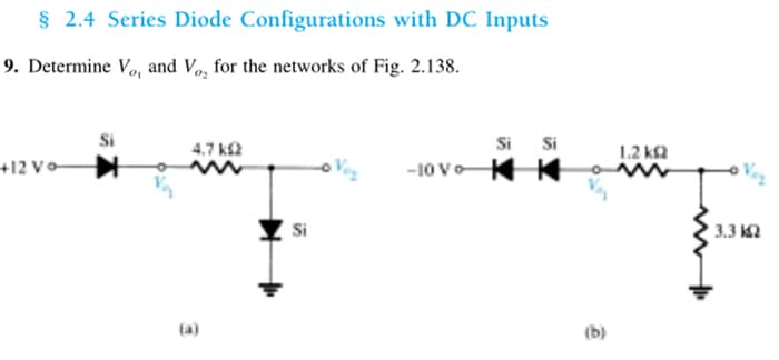 § 2.4 Series Diode Configurations with DC Inputs
9. Determine V, and Vo, for the networks of Fig. 2.138.
+12 Vo
Si
4,7 ΚΩ
(a)
Si
-10 Vo
Si Si
K
(b)
1.2 kΩ
3.3 K2