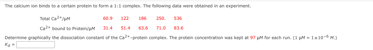 The calcium ion binds to a certain protein to form a 1:1 complex. The following data were obtained in an experiment.
Total Ca2+/µM
60.9
122
186
250.
536
Ca2+ bound to Protein/µM
31.4
51.4
63.6
71.0
83.6
Determine graphically the dissociation constant of the Ca²+-protein complex. The protein concentration was kept at 97 µM for each run. (1 µM = 1x10-6 M.)
Kd =
