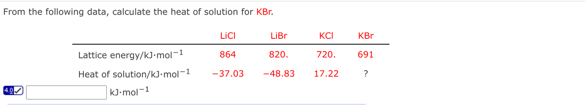 From the following data, calculate the heat of solution for KBr.
LICI
LiBr
KCI
KBr
Lattice energy/kJ•mol-1
864
820.
720.
691
Heat of solution/kJ•mol-1
-37.03
-48.83
17.22
?
4.0
kJ•mol-1

