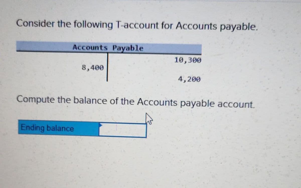 Consider the following T-account for Accounts payable.
Accounts Payable
8,400
Ending balance
10,300
4,200
Compute the balance of the Accounts payable account.