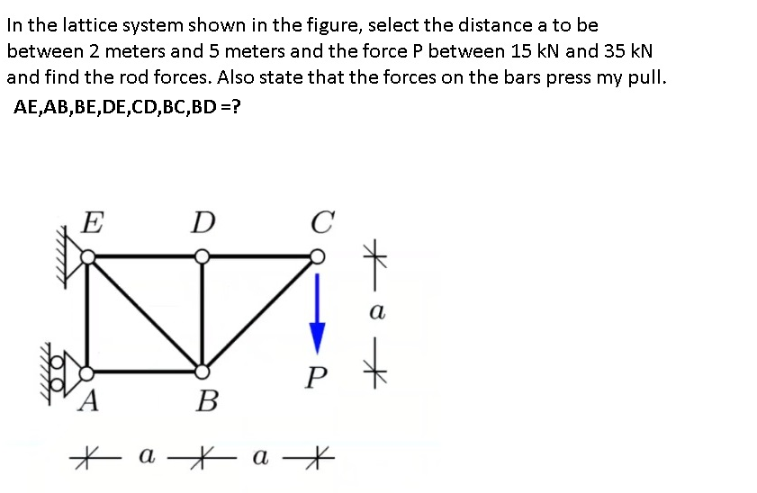 In the lattice system shown in the figure, select the distance a to be
between 2 meters and 5 meters and the force P between 15 kN and 35 kN
and find the rod forces. Also state that the forces on the bars press my pull.
AE,AB,BE,DE,CD,BC,BD =?
E
D
а
P
В
* a * a

