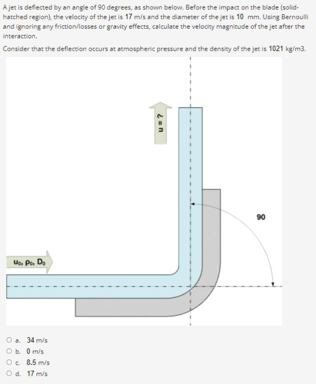 A jet is deflected by an angle of 90 degrees, as shown below. Before the impact on the blade (solid-
hatched region), the velocity of the jet is 17 m/s and the diameter of the jet is 10 mm. Using Bernoulli
and ignoring any friction/losses or gravity effects, calculate the velocity magnitude of the jet after the
interaction.
Consider that the deflection occurs at atmospheric pressure and the density of the jet is 1021 kg/m3.
90
Uo, Po, Do
O a.
34 m/s
O b. 0 m/s
Oc. 8.5 m/s
O d. 17 m/s
