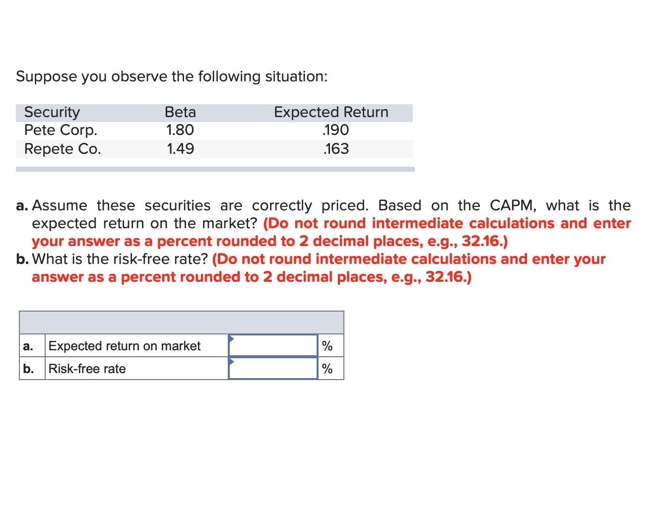 Suppose you observe the following situation:
Security
Pete Corp.
Expected Return
.190
Beta
1.80
Repete Co.
1.49
.163
a. Assume these securities are correctly priced. Based on the CAPM, what is the
expected return on the market? (Do not round intermediate calculations and enter
your answer as a percent rounded to 2 decimal places, e.g., 32.16.)
b. What is the risk-free rate? (Do not round intermediate calculations and enter your
answer as a percent rounded to 2 decimal places, e.g., 32.16.)
a. Expected return on market
b.
Risk-free rate
