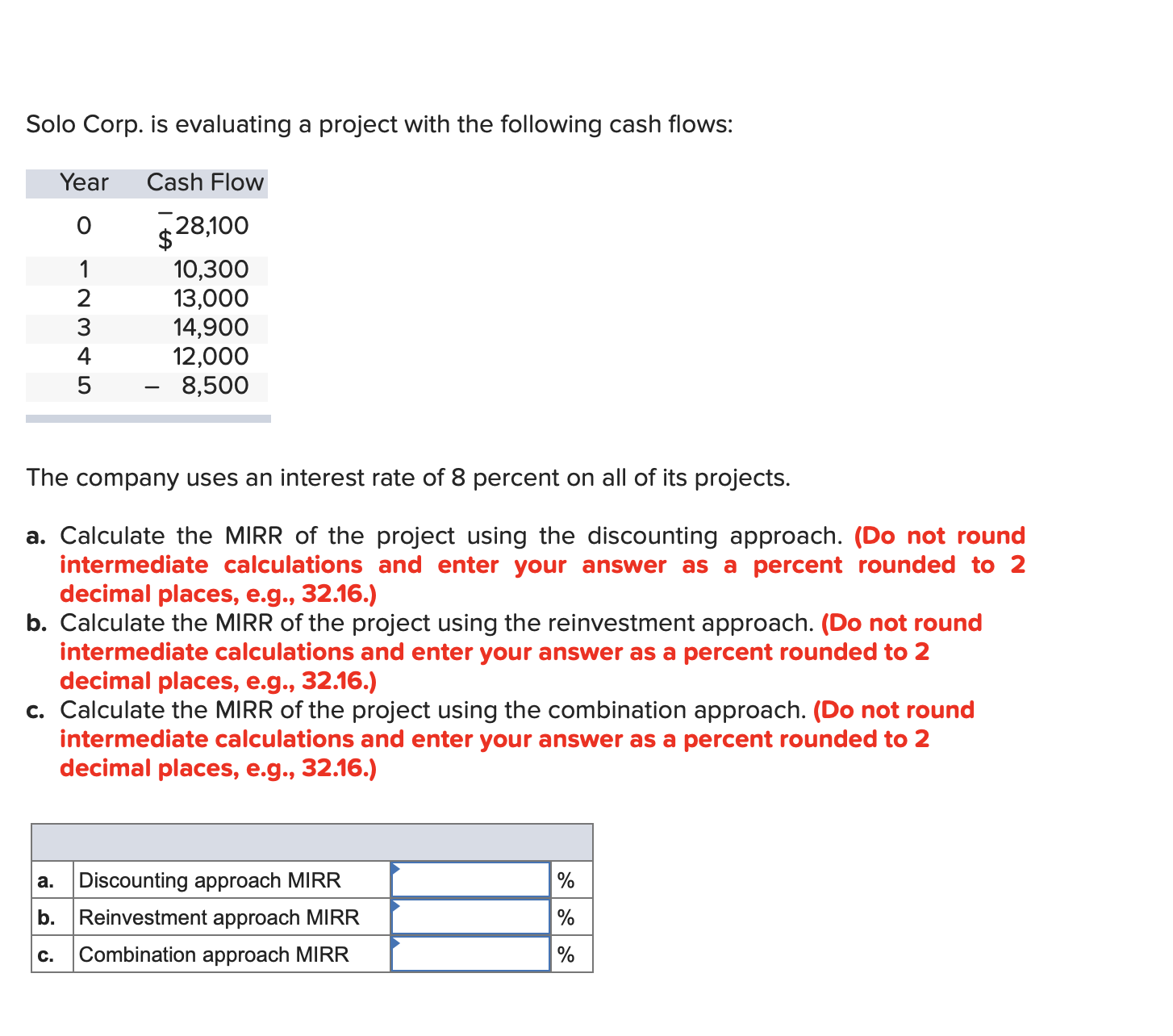 The company uses an interest rate of 8 percent on all of its projects.
a. Calculate the MIRR of the project using the discounting approach. (Do not round
intermediate calculations and enter your answer as a percent rounded to 2
decimal places, e.g., 32.16.)
b. Calculate the MIRR of the project using the reinvestment approach. (Do not round
intermediate calculations and enter your answer as a percent rounded to 2
decimal places, e.g., 32.16.)
c. Calculate the MIRR of the project using the combination approach. (Do not round
intermediate calculations and enter your answer as a percent rounded to 2
decimal places, e.g., 32.16.)
