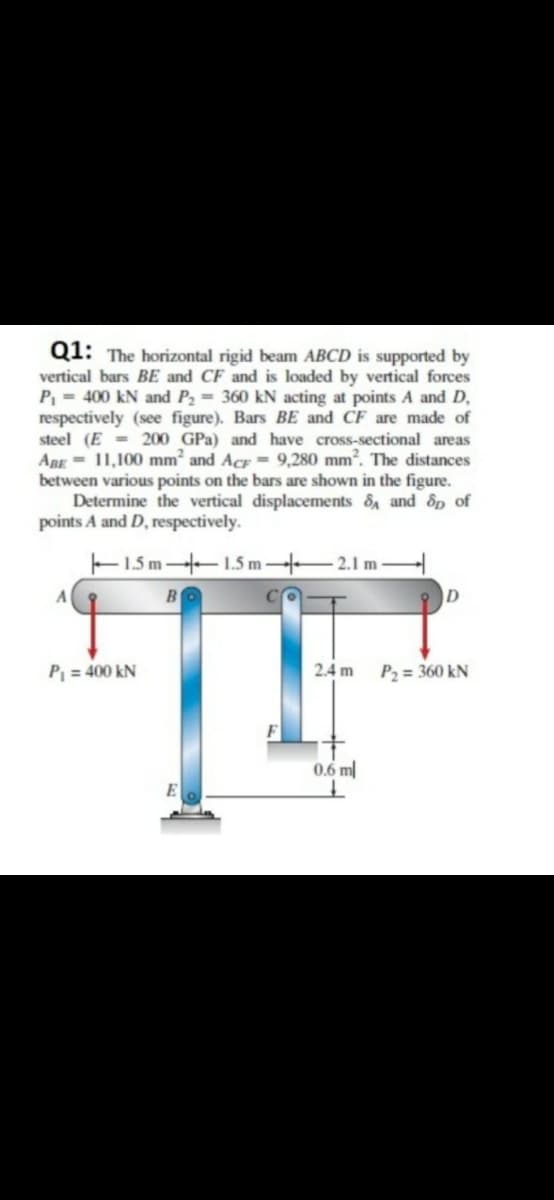 Q1: The horizontal rigid beam ABCD is supported by
vertical bars BE and CF and is loaded by vertical forces
P, = 400 kN and P2 = 360 kN acting at points A and D,
respectively (see figure). Bars BE and CF are made of
steel (E = 200 GPa) and have cross-sectional areas
ABE = 11,100 mm and Acr = 9,280 mm. The distances
between various points on the bars are shown in the figure.
Determine the vertical displacements & and &p of
points A and D, respectively.
15m 1.5 m 2.1 m-
P1 = 400 kN
2.4 m
P2 = 360 kN
0.6 ml
