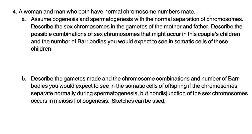 4. A woman and man who both have normal chromosome numbers mate.
a. Assume oogenesis and spermatogenesis with the normal separation of chromosomes.
Describe the sex chromosomes in the gametes of the mother and father. Describe the
possible combinations of sex chromosomes that might occur in this couple's children
and the number of Barr bodies you would expect to see in somatic cells of these
children.
b. Describe the gametes made and the chromosome combinations and number of Barr
bodies you would expect to see in the somatic cells of offspring if the chromosomes
separate normally during spermatogenesis, but nondisjunction of the sex chromosomes
occurs in meiosis I of oogenesis. Sketches can be used.
