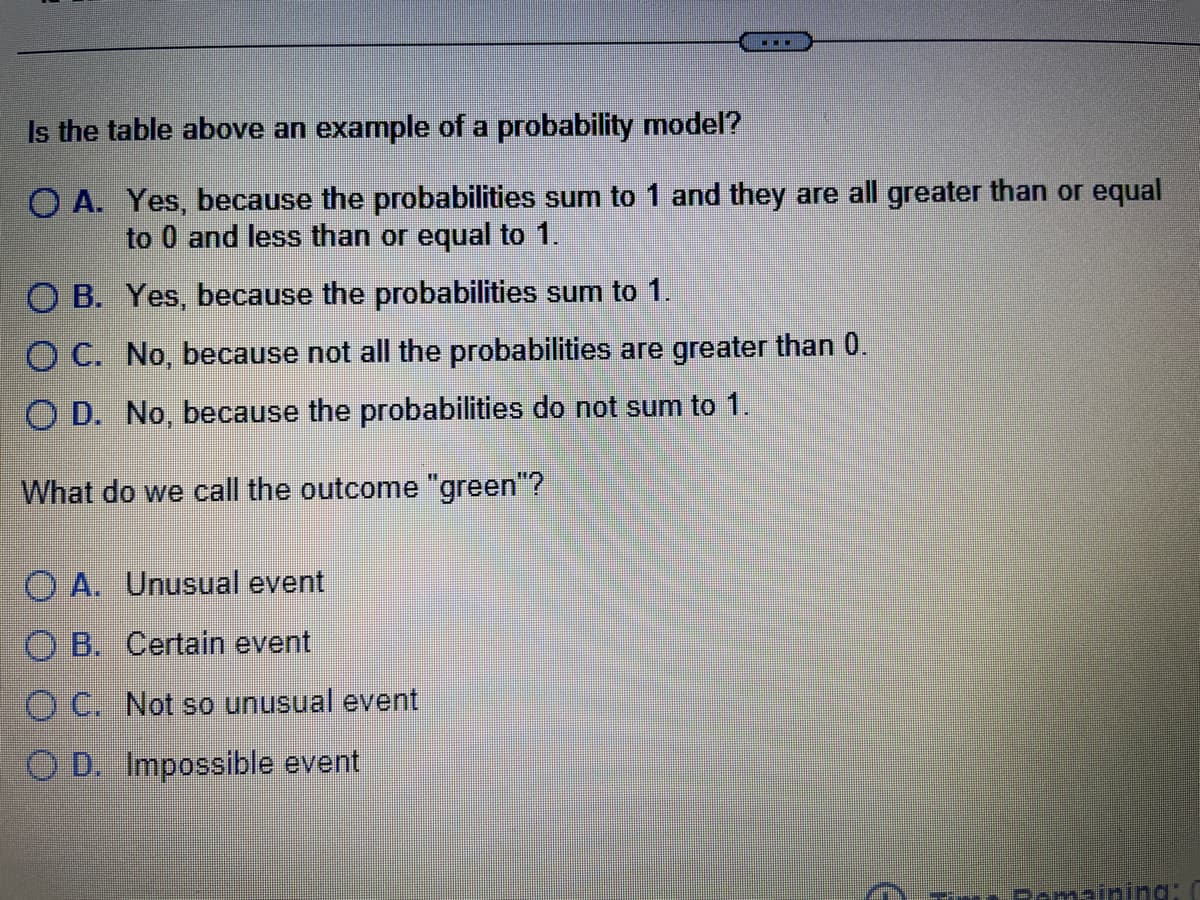 ▪▪▪
Is the table above an example of a probability model?
O A. Yes, because the probabilities sum to 1 and they are all greater than or equal
to 0 and less than or equal to 1.
OB. Yes, because the probabilities sum to 1.
OC. No, because not all the probabilities are greater than 0.
O D. No, because the probabilities do not sum to 1.
What do we call the outcome "green"?
OA. Unusual event
OB. Certain event
O C. Not so unusual event
OD. Impossible event
Pamaining: