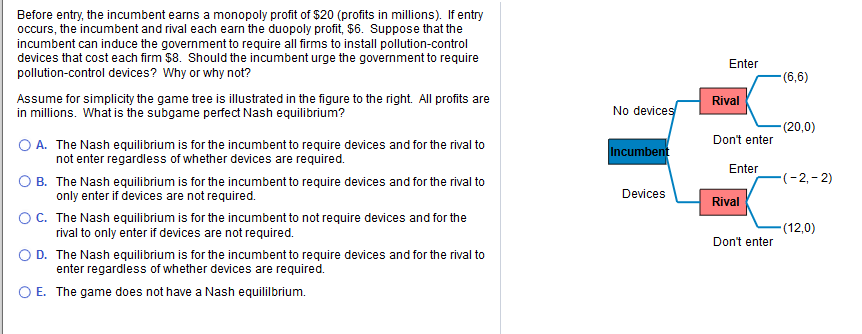 Before entry, the incumbent earns a monopoly profit of $20 (profits in millions). If entry
occurs, the incumbent and rival each earn the duopoly profit, $6. Suppose that the
incumbent can induce the government to require all firms to install pollution-control
devices that cost each firm $8. Should the incumbent urge the government to require
pollution-control devices? Why or why not?
Enter
-(6,6)
Assume for simplicity the game tree is illustrated in the figure to the right. All profits are
Rival
in millions. What is the subgame perfect Nash equilibrium?
No devices
(20,0)
Don't enter
O A. The Nash equilibrium is for the incumbent to require devices and for the rival to
not enter regardless of whether devices are required.
Incumbent
Enter
-(-2,-2)
O B. The Nash equilibrium is for the incumbent to require devices and for the rival to
only enter if devices are not required.
Devices
Rival
OC. The Nash equilibrium is for the incumbent to not require devices and for the
(12,0)
rival to only enter if devices are not required.
Don't enter
O D. The Nash equilibrium is for the incumbent to require devices and for the rival to
enter regardless of whether devices are required.
O E. The game does not have a Nash equililbrium.
