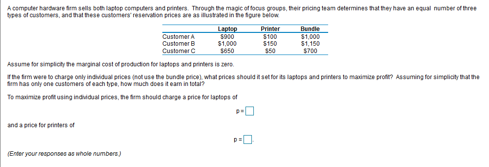 A computer hardware firm sells both laptop computers and printers. Through the magic of focus groups, their pricing team determines that they have an equal number of three
types of customers, and that these customers' reservation prices are as illustrated in the figure below.
Laptop
$900
$1,000
$650
Bundle
$1.000
$1,150
$700
Printer
Customer A
Customer B
$100
$150
$50
Customer C
Assume for simplicity the marginal cost of production for laptops and printers is zero.
If the firm were to charge only individual prices (not use the bundle price), what prices should it set for its laptops and printers to maximize profit? Assuming for simplicity that the
firm has only one customers of each type, how much does it earn in total?
To maximize profit using individual prices, the firm should charge a price for laptops of
p=
and a price for printers of
p=
