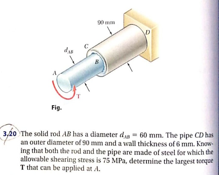 90 mm
D
dAB
B
A
T.
Fig.
3,20 The solid rod AB has a diameter dAB = 60 mm. The pipe CD has
an outer diameter of 90 mm and a wall thickness of 6 mm. Know-
ing that both the rod and the pipe are made of steel for wvhich the
allowable shearing stress is 75 MPa, determine the largest torque
T that can be applied at A.
