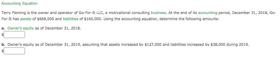 Terry Fleming is the owner and operator of Go-For-It LLC, a motivational consulting business. At the end of its accounting period, December 31, 2018, Go-
For-It has assets of $668,000 and liabilities of $160,000. Using the accounting equation, determine the following amounts:
a. Owner's equity as of December 31, 2018.
b. Owner's equity as of December 31, 2019, assuming that assets increased by $127,000 and liabilities increased by $38,0000 during 2019.
