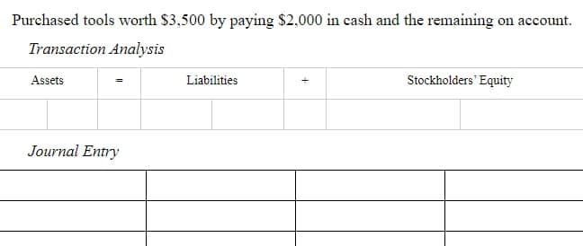 Purchased tools worth $3,500 by paying $2,000 in cash and the remaining on account.
Transaction Analysis
Assets
Liabilities
Stockholders' Equity
Journal Entry
