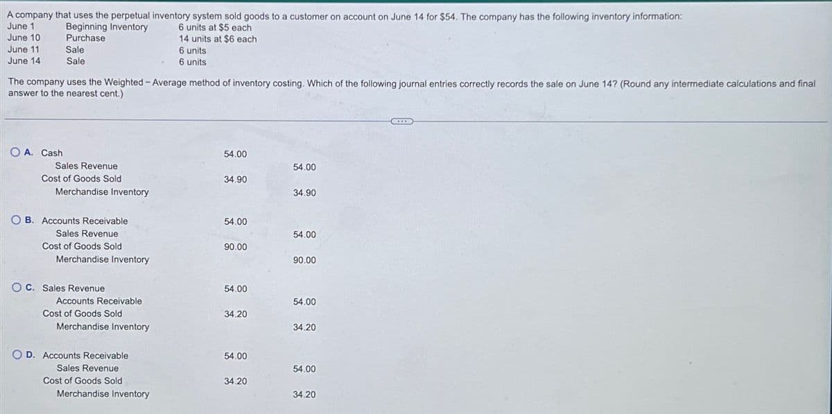 A company that uses the perpetual inventory system sold goods to a customer on account on June 14 for $54. The company has the following inventory information:
June
Beginning Inventory
1
June 10
June 11
June 14
Purchase
Sale
Sale
6 units at $5 each
14 units at $6 each
6 units
6 units
The company uses the Weighted - Average method of inventory costing. Which of the following journal entries correctly records the sale on June 14? (Round any intermediate calculations and final
answer to the nearest cent.)
OA. Cash
54.00
Sales Revenue
54.00
Cost of Goods Sold
34.90
Merchandise Inventory
34.90
B. Accounts Receivable
54.00
Sales Revenue
54.00
Cost of Goods Sold
90.00
Merchandise Inventory
90.00
OC. Sales Revenue
54.00
Accounts Receivable
54.00
Cost of Goods Sold
34.20
Merchandise Inventory
34.20
OD. Accounts Receivable
54.00
Sales Revenue
54.00
Cost of Goods Sold
34.20
Merchandise Inventory
34.20