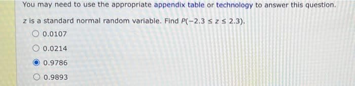 You may need to use the appropriate appendix table or technology to answer this question.
z is a standard normal random variable. Find P(-2.3 sz≤ 2.3).
0.0107
0.0214
0.9786
0.9893