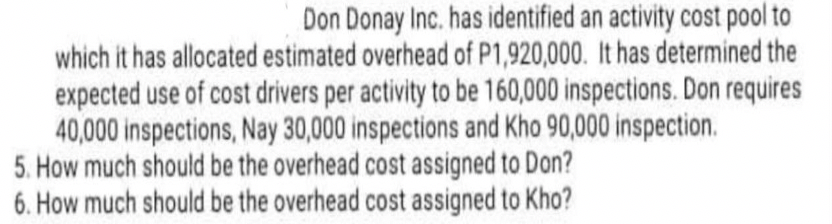 Don Donay Inc. has identified an activity cost pool to
which it has allocated estimated overhead of P1,920,000. It has determined the
expected use of cost drivers per activity to be 160,000 inspections. Don requires
40,000 inspections, Nay 30,000 inspections and Kho 90,000 inspection.
5. How much should be the overhead cost assigned to Don?
6. How much should be the overhead cost assigned to Kho?