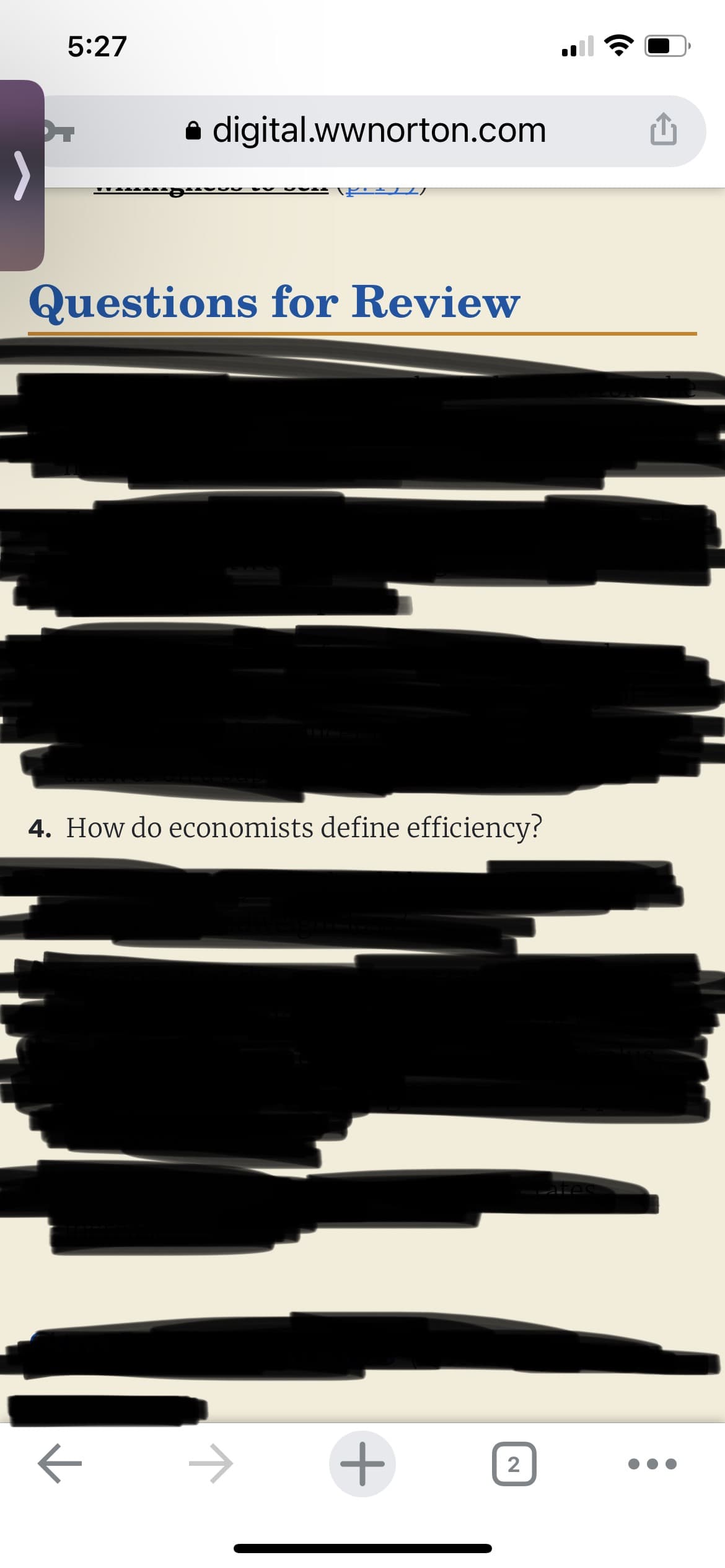 5:27
digital.wwnorton.com
SAVU
\PZ)
Questions for Review
4. How do economists define efficiency?
+
T
2