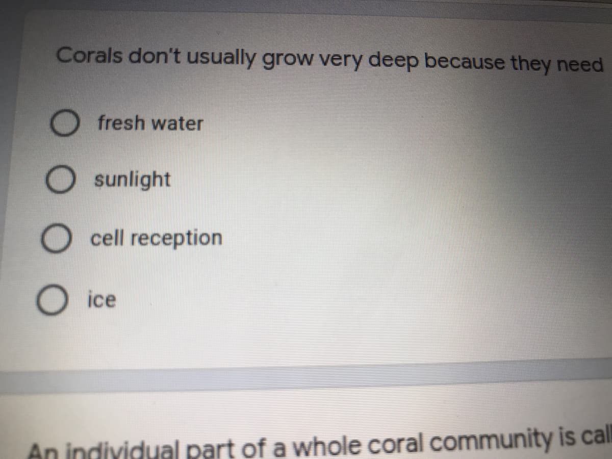 Corals don't usually grow very deep because they need
fresh water
sunlight
O cell reception
O ice
An individual part of a whole coral community is call
