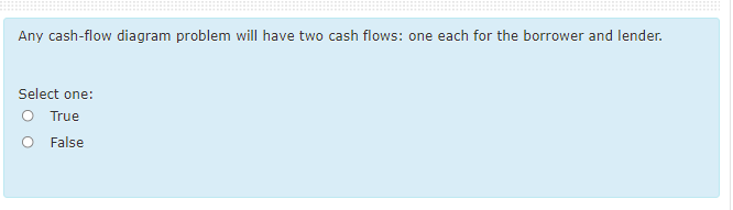 Any cash-flow diagram problem will have two cash flows: one each for the borrower and lender.
Select one:
O True
False
