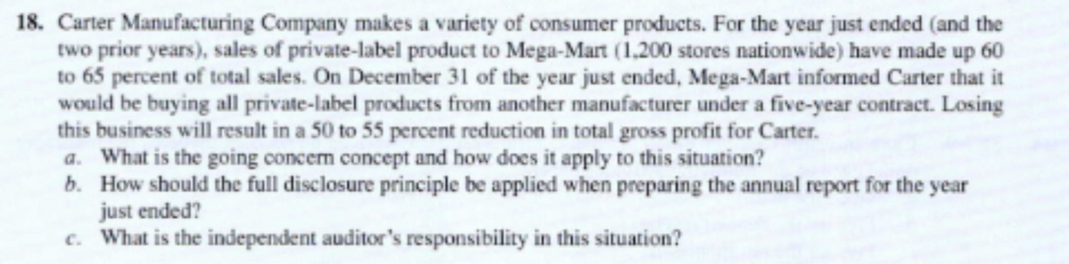 18. Carter Manufacturing Company makes a variety of consumer products. For the year just ended (and the
two prior years), sales of private-label product to Mega-Mart (1,200 stores nationwide) have made up 60
to 65 percent of total sales. On December 31 of the year just ended, Mega-Mart informed Carter that it
would be buying all private-label products from another manufacturer under a five-year contract. Losing
this business will result in a 50 to 55 percent reduction in total gross profit for Carter.
a. What is the going concem concept and how does it apply to this situation?
b. How should the full disclosure principle be applied when preparing the annual report for the year
just ended?
c. What is the independent auditor's responsibility in this situation?
