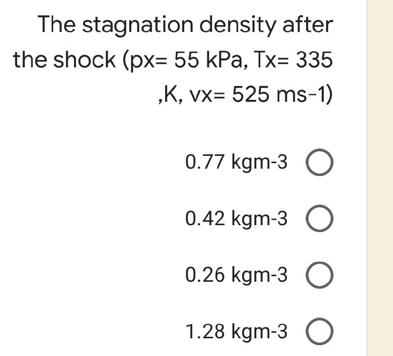 The stagnation density after
the shock (px= 55 kPa, Tx= 335
,K, vx= 525 ms-1)
0.77 kgm-3 O
0.42 kgm-3 O
0.26 kgm-3 O
1.28 kgm-3 O
