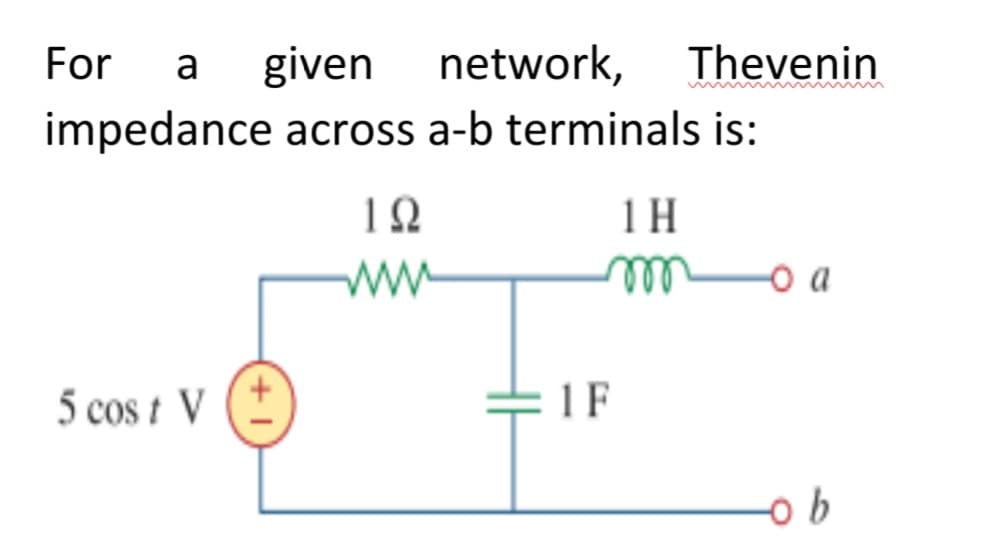 For
a
given
network,
Thevenin
impedance across a-b terminals is:
1 H
ww
ll
o a
5 cos t V
1F
