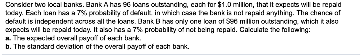Consider two local banks. Bank A has 96 loans outstanding, each for $1.0 million, that it expects will be repaid
today. Each loan has a 7% probability of default, in which case the bank is not repaid anything. The chance of
default is independent across all the loans. Bank B has only one loan of $96 million outstanding, which it also
expects will be repaid today. It also has a 7% probability of not being repaid. Calculate the following:
a. The expected overall payoff of each bank.
b. The standard deviation of the overall payoff of each bank.
