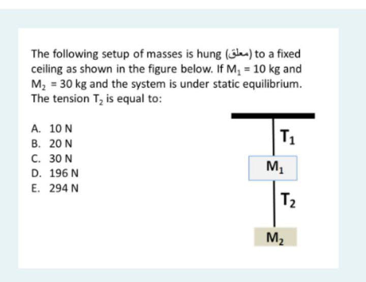 The following setup of masses is hung (l) to a fixed
ceiling as shown in the figure below. If M, = 10 kg and
M2 = 30 kg and the system is under static equilibrium.
The tension T, is equal to:
A. 10 N
T1
В. 20 N
C. 30 N
D. 196 N
E. 294 N
M1
T2
M2
