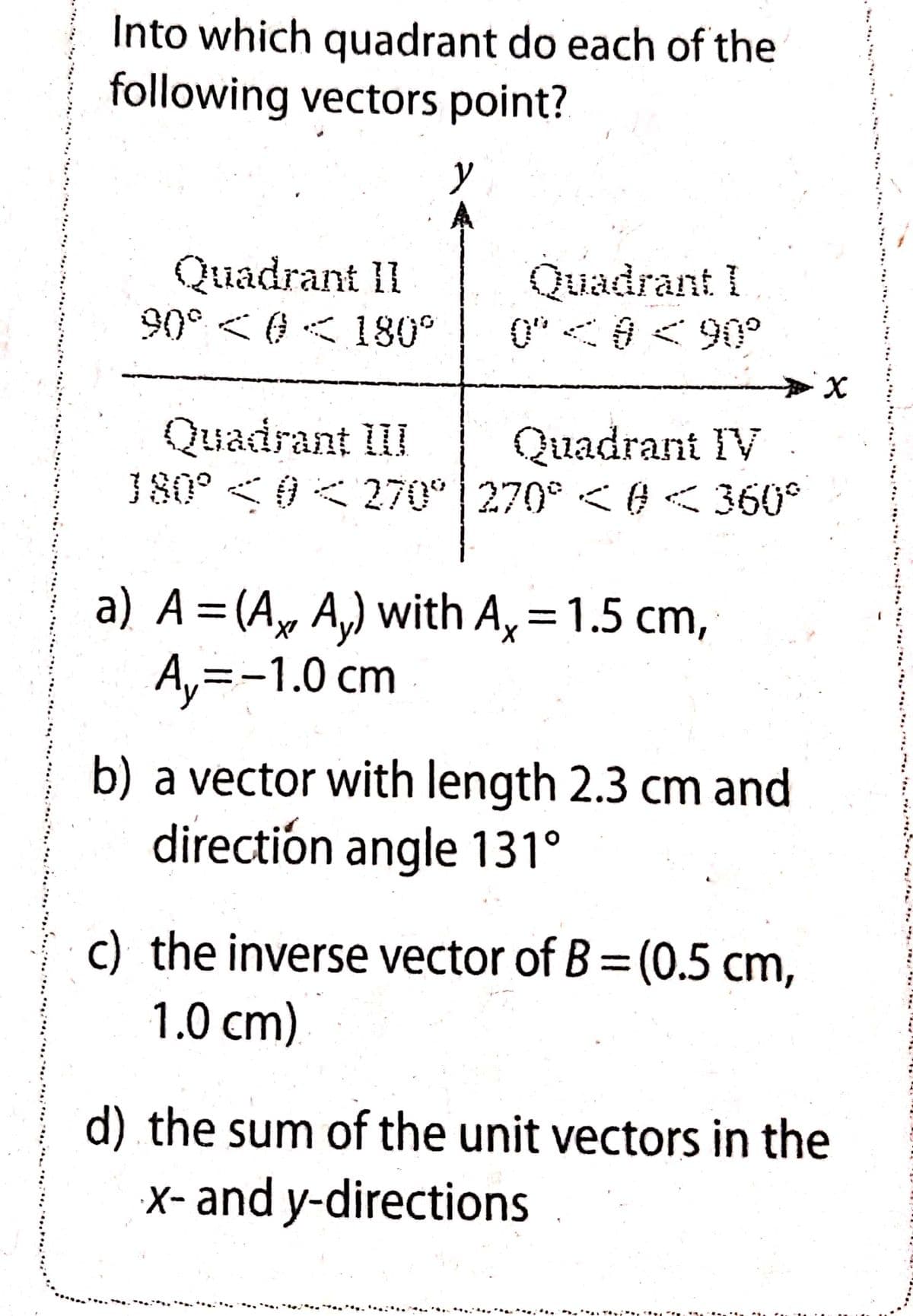 Into which quadrant do each of the
following vectors point?
y
Quadrant II
90° < 0< 180°
Quadrant I
0"<0<90°
Quadrant III
180° <0<270° 270° < 0< 360°
Quadrant IV
a) A=(A, A,) with A, =1.5 cm,
A,3-1.0cm
%3D
||
b) a vector with length 2.3 cm and
directión angle 131°
c) the inverse vector of B=(0.5 cm,
1.0 cm)
d) the sum of the unit vectors in the
X- and y-directions
*...
. ..
* * ,...
