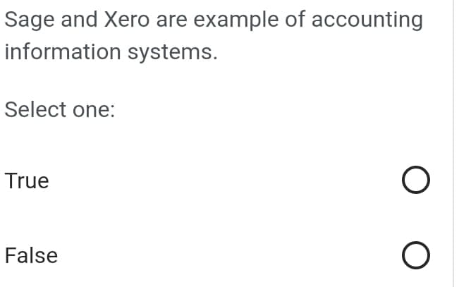 Sage and Xero are example of accounting
information systems.
Select one:
True
False
О
О