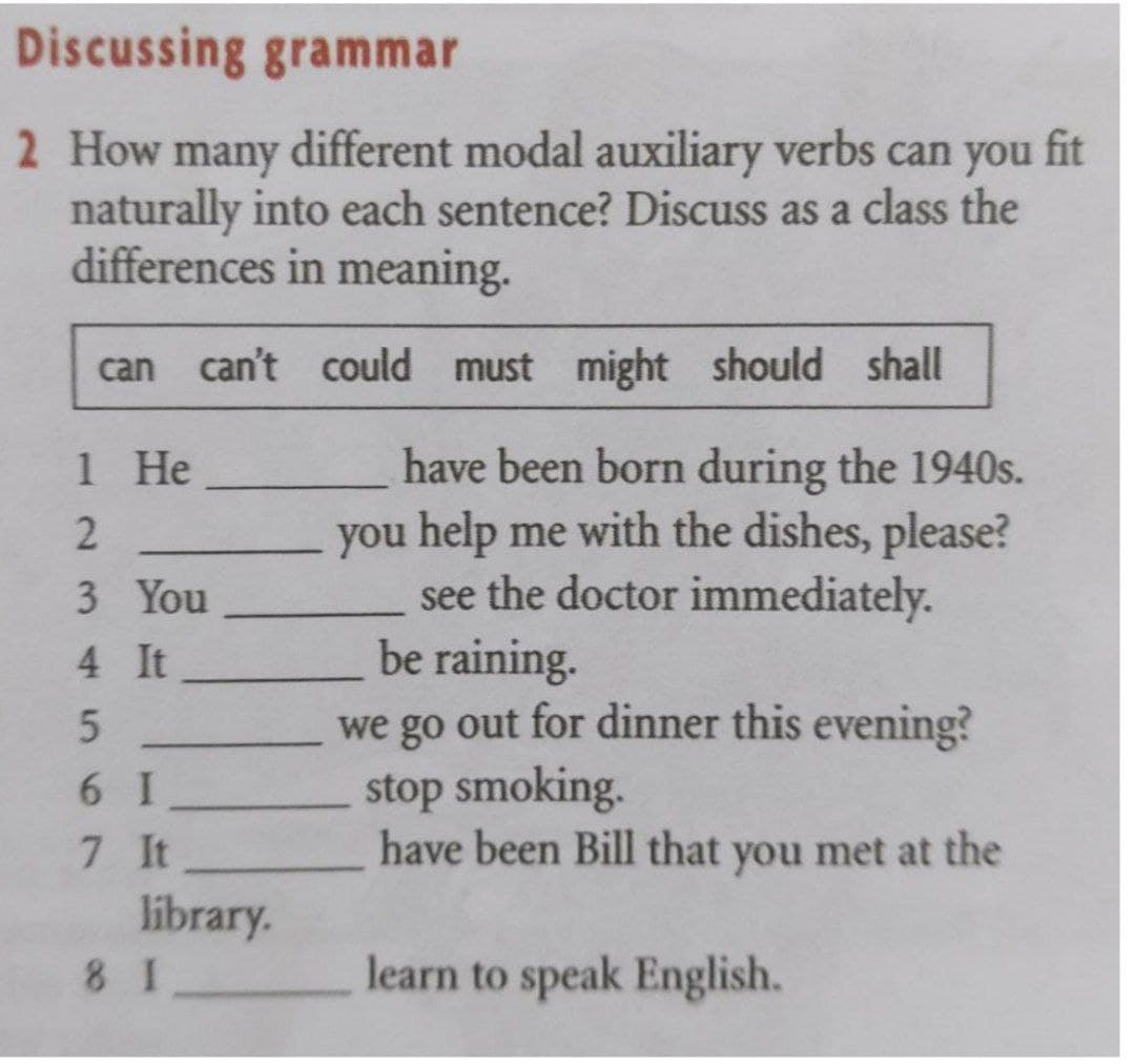Discussing grammar
2 How many different modal auxiliary verbs can you fit
naturally into each sentence? Discuss as a class the
differences in meaning.
can can't could must might should shall
1 He
2
have been born during the 1940s.
you help me with the dishes, please?
see the doctor immediately.
3 You
4 It
be raining.
5
we go out for dinner this evening?
6I
stop smoking.
7 It
have been Bill that you met at the
81
learn to speak English.
library.