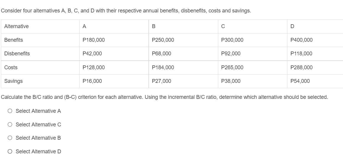Consider four alternatives A, B, C, and D with their respective annual benefits, disbenefits, costs and savings.
Alternative
A
В
Benefits
P180,000
P250,000
P300,000
P400,000
Disbenefits
P42,000
P68,000
P92,000
P118,000
Costs
P128,000
P184,000
P265,000
P288,000
Savings
P16,000
P27,000
P38,000
P54,000
Calculate the B/C ratio and (B-C) criterion for each alternative. Using the incremental B/C ratio, determine which alternative should be selected.
O Select Alternative A
O Select Alternative C
O Select Alternative B
O Select Alternative D
