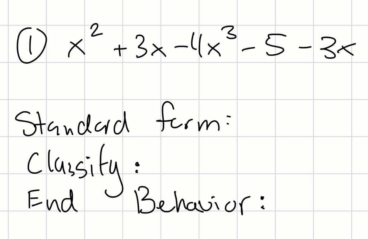 O x² +3x -4x²-5-3<
3x -1x²
Standad ferm:
Clausity:
Behavior:
End

