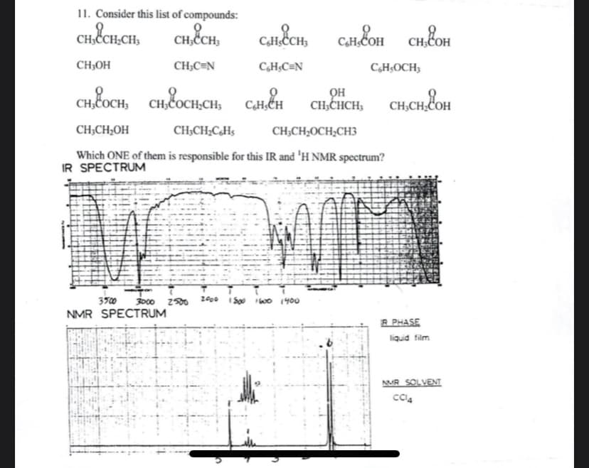 11. Consider this list of compounds:
CH&CH CH,
CH,ếCH,
CHSCCH;
CH;COH
CH;COH
CH;OH
CH;C=N
CH;C=N_
C,H;OCH3
CHLOCH, CHEOCHCH, Ciếu
CH,CHCH, CH,CH, COH
CH;CH
CH;CH;OH
CH;CH;C,Hs
CH;CH;OCH;CH3
Which ONE of them is responsible for this IR and 'H NMR spectrum?
IR SPECTRUM
3500
3000 2500 2000 I Soo wo 1400
NMR SPECTRUM
R PHASE
liquid film
AMR SOLVENT
