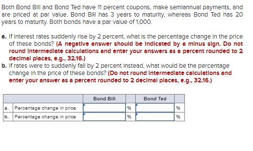 Both Bond Bill and Bond Ted have 11 percent coupons, make semiannual payments, and
are priced at par value. Bond Bill has 3 years to maturity, whereas Bond Ted has 20
years to maturity. Both bonds have a par value of 1,000.
a. If Interest rates suddenly rise by 2 percent, what is the percentage change in the price
of these bonds? (A negative answer should be indicated by a minus sign. Do not
round Intermediate calculations and enter your answers as a percent rounded to 2
decimal places, e.g., 32.16.)
b. If rates were to suddenly fall by 2 percent Instead, what would be the percentage
change in the price of these bonds? (Do not round Intermediate calculations and
enter your answer as a percent rounded to 2 decimal places, e.g., 32.16.)
Bond Bill
Bond Ted
a. Percentage change in price
b. Percentage change in price
96
96
96
96