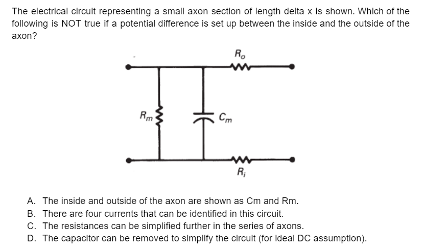 The electrical circuit representing a small axon section of length delta x is shown. Which of the
following is NOT true if a potential difference is set up between the inside and the outside of the
axon?
Rm
HE
Cm
Ro
www
R₁
A. The inside and outside of the axon are shown as Cm and Rm.
B. There are four currents that can be identified in this circuit.
C. The resistances can be simplified further in the series of axons.
D. The capacitor can be removed to simplify the circuit (for ideal DC assumption).