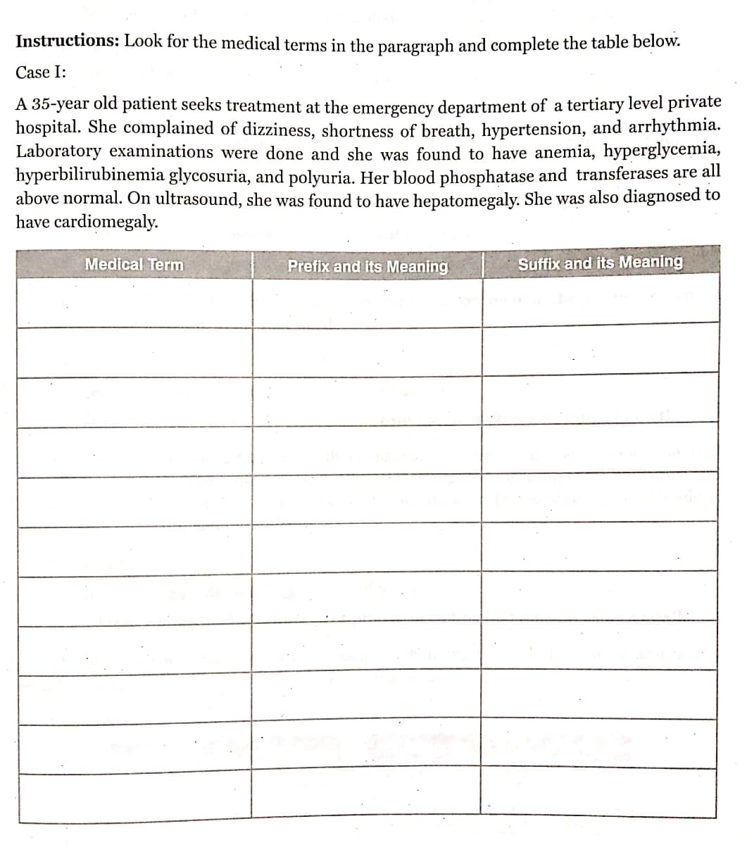 Instructions: Look for the medical terms in the paragraph and complete the table below.
Case I:
A 35-year old patient seeks treatment at the emergency department of a tertiary level private
hospital. She complained of dizziness, shortness of breath, hypertension, and arrhythmia.
Laboratory examinations were done and she was found to have anemia, hyperglycemia,
hyperbilirubinemia glycosuria, and polyuria. Her blood phosphatase and transferases are all
above normal. On ultrasound, she was found to have hepatomegaly. She was also diagnosed to
have cardiomegaly.
Medical Term
Prefix and its Meaning
Suffix and its Meaning
