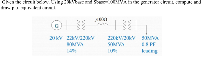 Given the circuit below. Using 20kVbase and Sbase=100MVA in the generator circuit, compute and
draw p.u. equivalent circuit.
j1002
G
20 kV 22kV/220kV
220kV/20kV 50MVA
80MVA
50MVA
0.8 PF
14%
10%
leading
