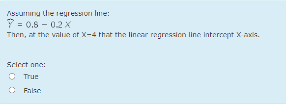 Assuming the regression line:
Ỹ = 0.8 - 0.2 X
Then, at the value of X=4 that the linear regression line intercept X-axis.
Select one:
O True
O False
