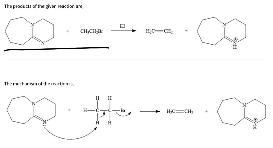 The products of the given reaction are,
`N'
E2
CH;CH,Br
H,C=CH2
The mechanism of the reaction is,
H H
H-C-
-Br
H,C=CH,
H H
OZI

