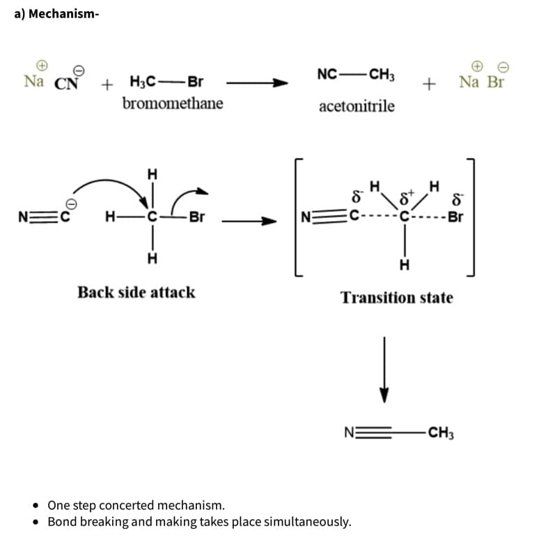 a) Mechanism-
Na CN
+ H3C-Br
NC-CH3
Na Br
bromomethane
acetonitrile
H
H
EC
Н— с
Br
N
c-----Br
H
H
Back side attack
Transition state
NE
CH3
One step concerted mechanism.
• Bond breaking and making takes place simultaneously.
