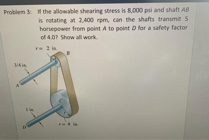 Problem 3: If the allowable shearing stress is 8,000 psi and shaft AB
is rotating at 2,400 rpm, can the shafts transmit 5
horsepower from point A to point D for a safety factor
of 4.0? Show all work.
r = 2 in.
3/4 in.
1 in.
B
r = 4 in.