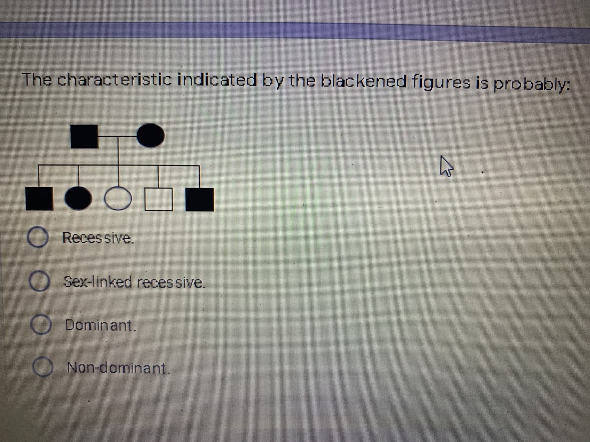 The characteristic indicated by the blackened figures is probably:
Reces sive.
Sex-linked reces sive.
Dominant.
Non-dominant.
